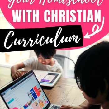 Two young boys online homeschool at the table text on image reads: How to Outsource Your Homeschool With Christian Curriculum